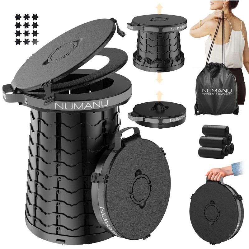 NUMANU 19.7" XXL 3IN1 Portable Toilet, Stool, Trash Can | Adjustable Height Portable Potty, Foldable Travel Toilet with Lid & Waste Bags, Outdoor Travel Potty, Pop Up Camping Toilet for Adults & Kids