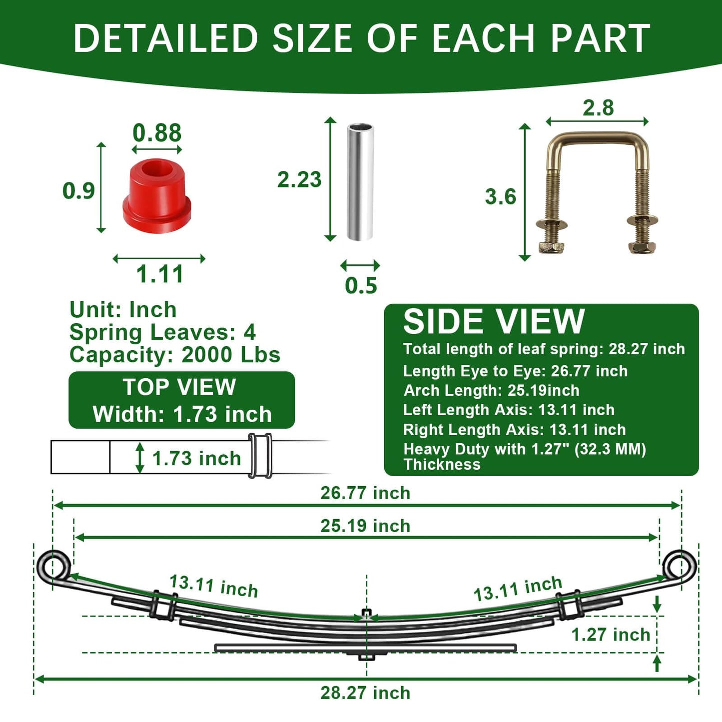 Cartalia Upgraded Heavy Duty Rear 4-Leaf Springs Kit for EZGO TXT/Medalist Electric 1994-2013 and Gas 1996-2008 Golf Cart Suspension with Bushings Sleeves & U-Bolts Replace OEM 74207-G01 Load Capacity