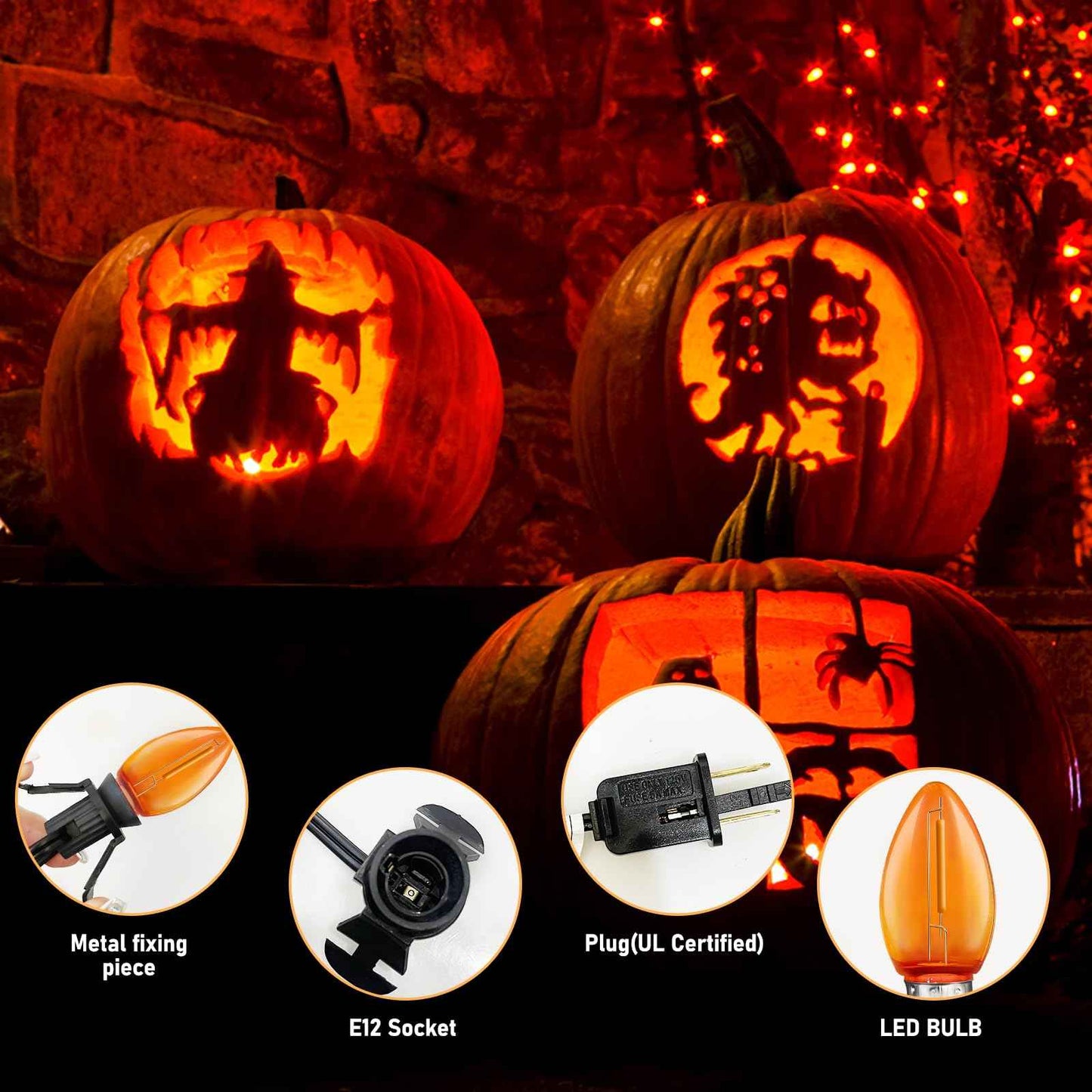 4 Pack Accessory Cord with One LED Orange Light Bulb, 6Ft Black Cord Halloween Night Lights with On/Off Switch Plugs, C7 Clips Indoor String Lights for Halloween Pumpkin Christmas Village House Crafts