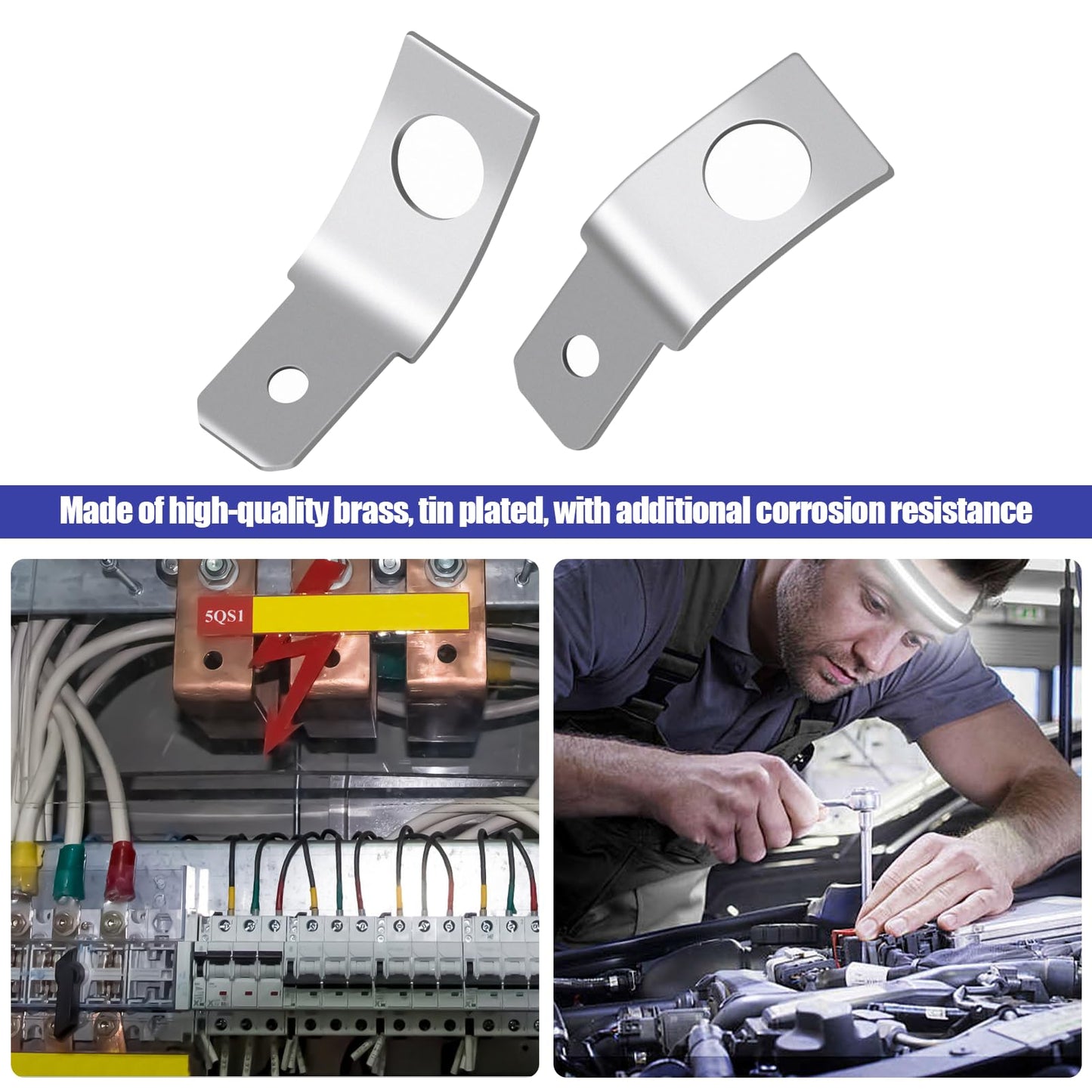 50 Pcs Quick Disconnect Spade Connectors, Non-Insulated, Solderless, 1/4" Male Tab, 10 Stud Ring Crimp, Ideal for Copper Wiring and Electrical Tasks