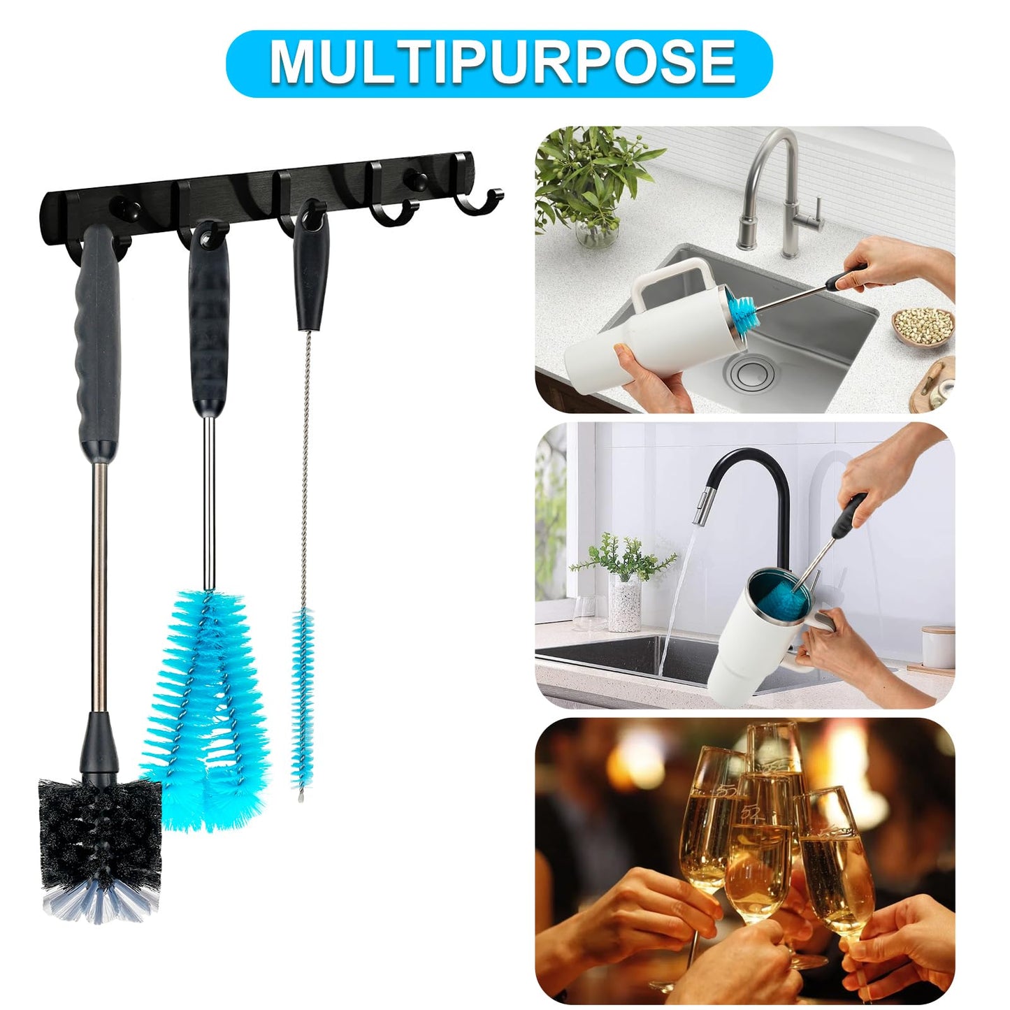 4 Pack Bottle Brush Cleaner Set, Long Reach Water Bottle Brush, Straw Brush and 3-in-1 Multi-Use Cleaner, Compatible with Stanley Cups, Baby Bottles, Travel Mugs, Tumblers, and Straws (Blue)