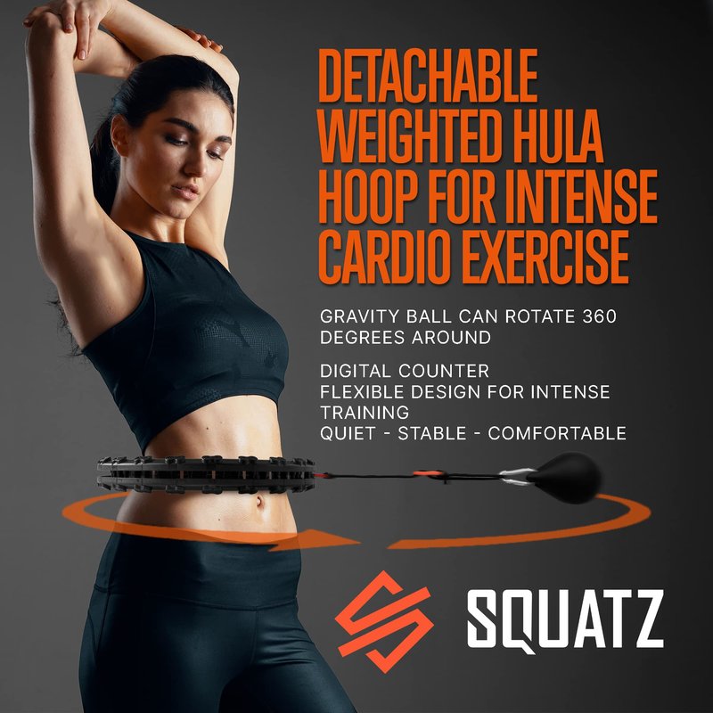 SQUATZ Weighted Smart Hula Hoop - Exercise Hoop with 5 Resistance Bands, 2 Sets of Silent Bearings and Digital Fitness Program, Use for Lower and Upper Body Exercises, Great for Every Body Shape,Black