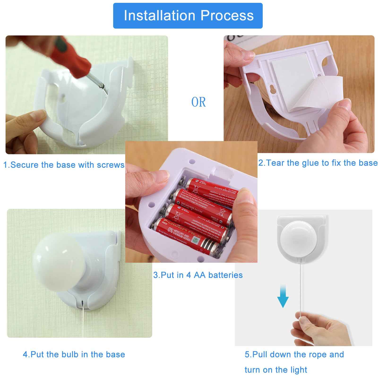 Shuwea 2 Pack Battery Operated Light Bulb, Stick-Up Battery Powered Wireless LED Closet Light Bulb, Self Adhesive Wall Mounted Light Fixture with Pull Chain for Cabinet Bedroom Living Room Kitchen