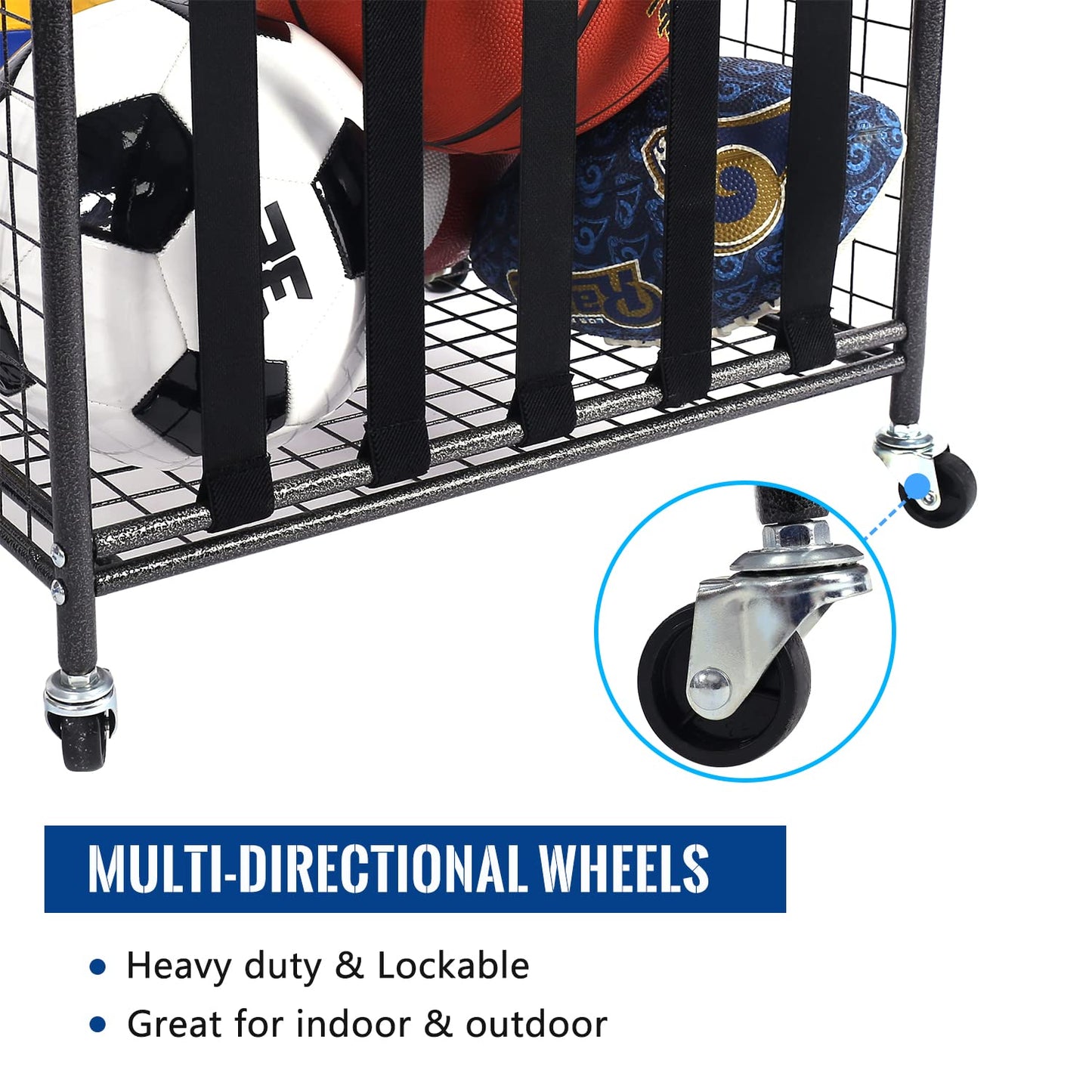 Mythinglogic Rolling Sports Ball Storage Cart, Sports Lockable Ball Storage Locker with Elastic Straps, Stackable Ball Cage for Garage Storage Garage Organizer (Black)