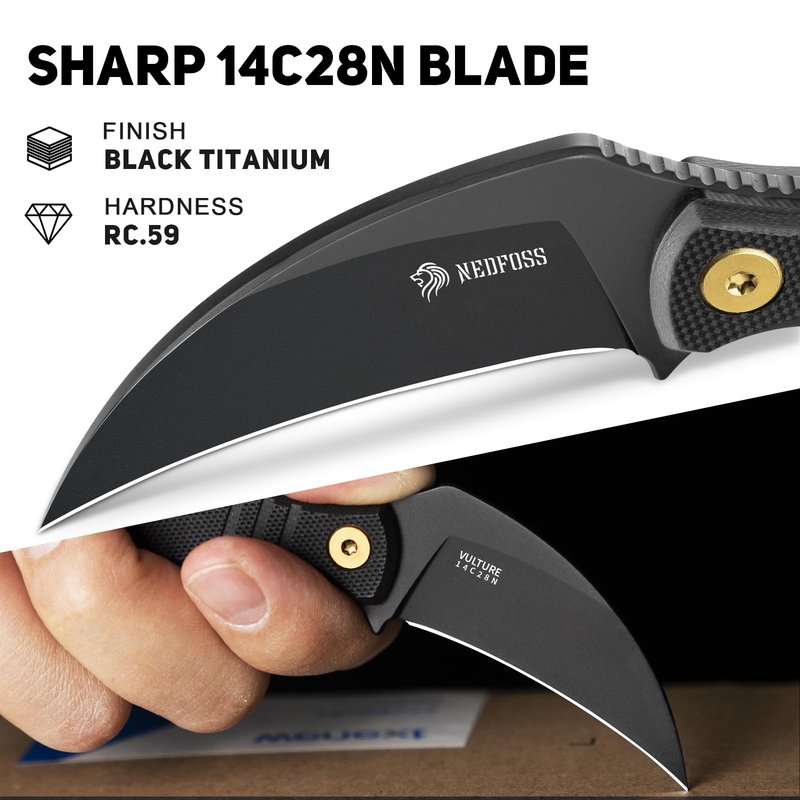 NedFoss VULTURE EDC Fixed Blade Knife with Kydex Sheath, 2.87" 14C28N Steel Tactical EDC Knife with G10 Handle and Adjustable Belt Clip, Horizontal Carry Belt Knives for Men Women