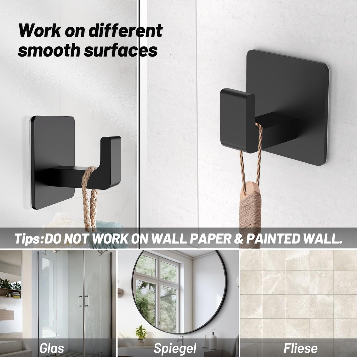 Fadroky Towel Hooks for Bathroom Adhesive, 4 Pack Matte Black Bathroom Hooks for Towels - Heavy Duty rustproof Towel Hook, sus304 Stainless Steel Adhesive Towel Hooks, Wall Mounted Shower Hooks