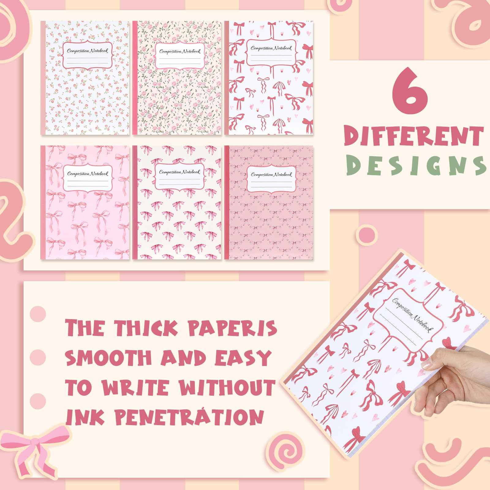 Fullhawl 6 Pcs Bow Composition Notebooks, Preppy Coquette Notebook College Ruled Journal, 110 Page, Cute Back to School Gift for Teacher, Student, First Day of Schooll(Pink,9-3/4 x 7-1/2")