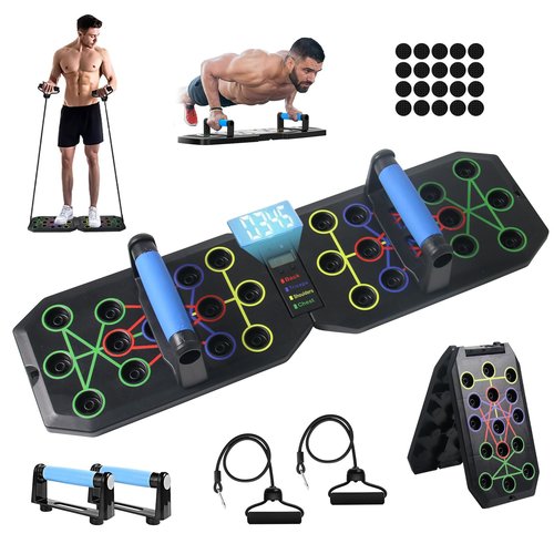 Push Up Board with Counter/Timer, Foldable Push Up Bar with Resistance Bands, Multi-function Home Workout Equipment Push-Up Stand with Handles for Fitness Burn Fat Chest Strength Training