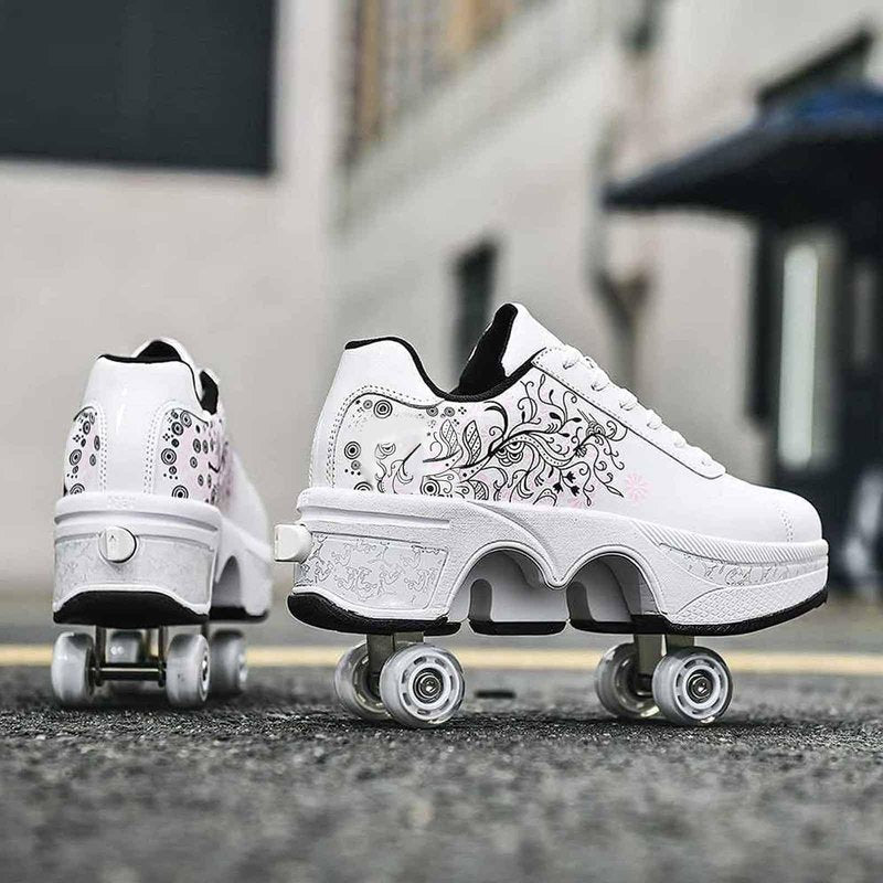 Roller Skate Shoes for Men Women, 2-in-1 Double-Row Deform Wheel Roller Skates, Boy Girl Sneakers with Removable Wheels, Indoor Outdoor Skates Shoes (White Pink, US 5.5)