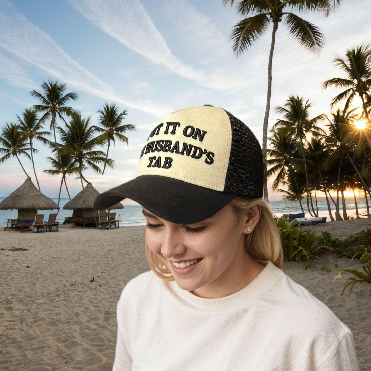Put It On My Husband’s Tab – Funny Women’s Trucker Hat – 3D Embroidered Mesh Cap, Adjustable Snapback, Retro 5-Panel Baseball Hat