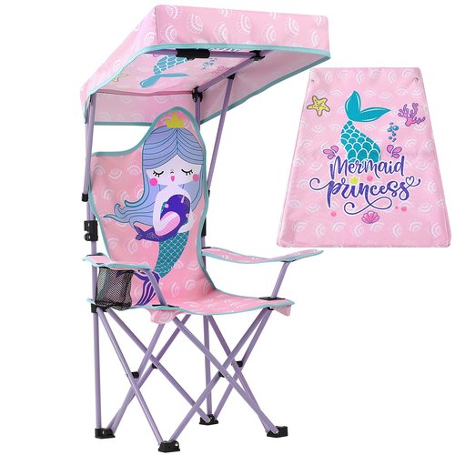 KABOER Kids Mermaid Pattern Outdoor Folding Camping Chair with Cup Holder and Carrying Bag and Canopy for Beach Picnic Camping Travel Lawn