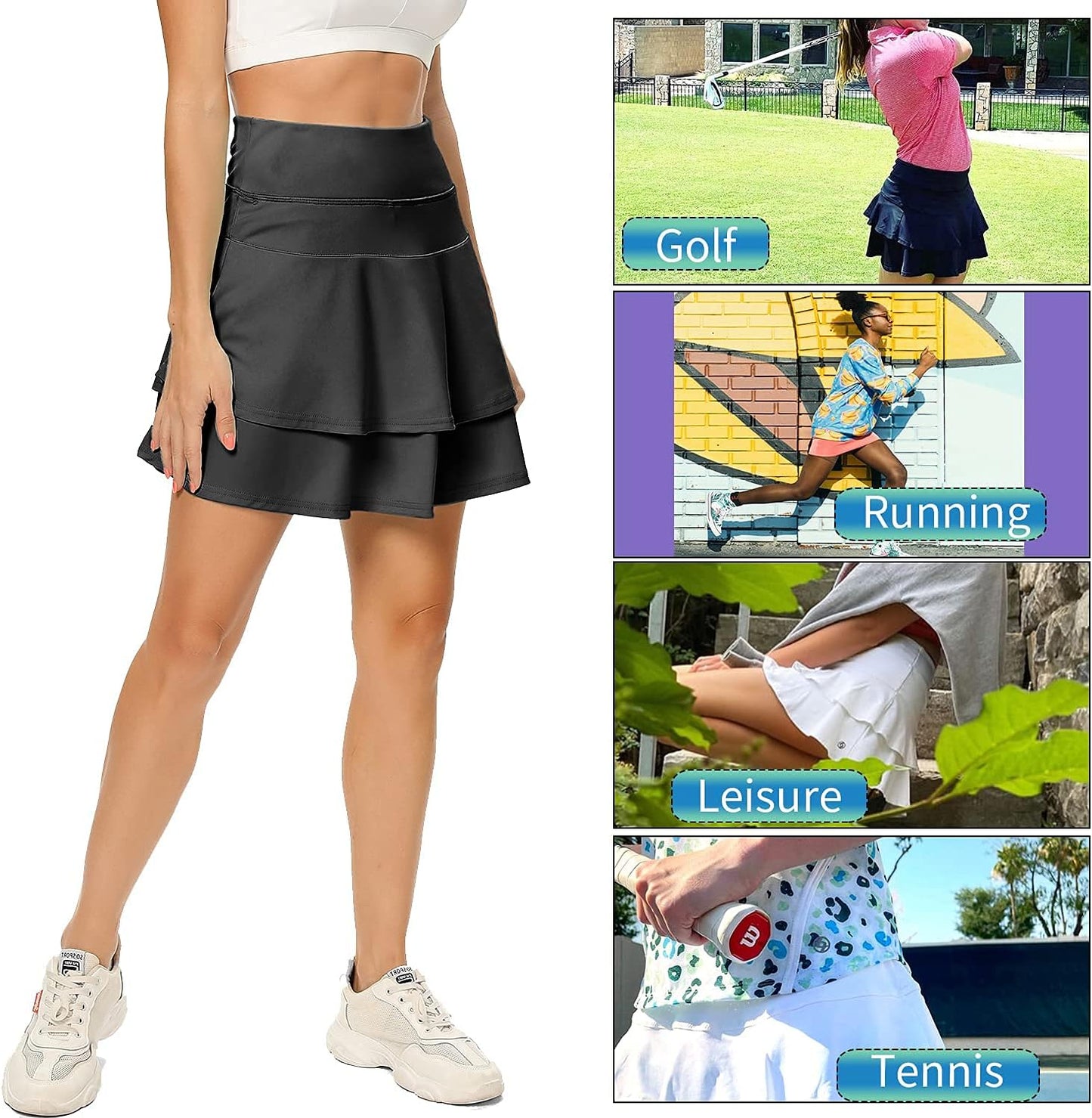 WOWENY Women's Athletic Tennis Skirt - Pleated Layered Skort with Pocket for Running & Golf