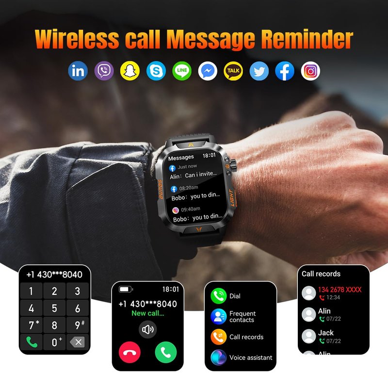 QTLLBT Men's Military Smart Watch HD Compass Altimeter Barometer Fitness Tracker Sports Watch Pedometer Mountaineering Watch Sleep Monitoring Function Men's and Women's Watches