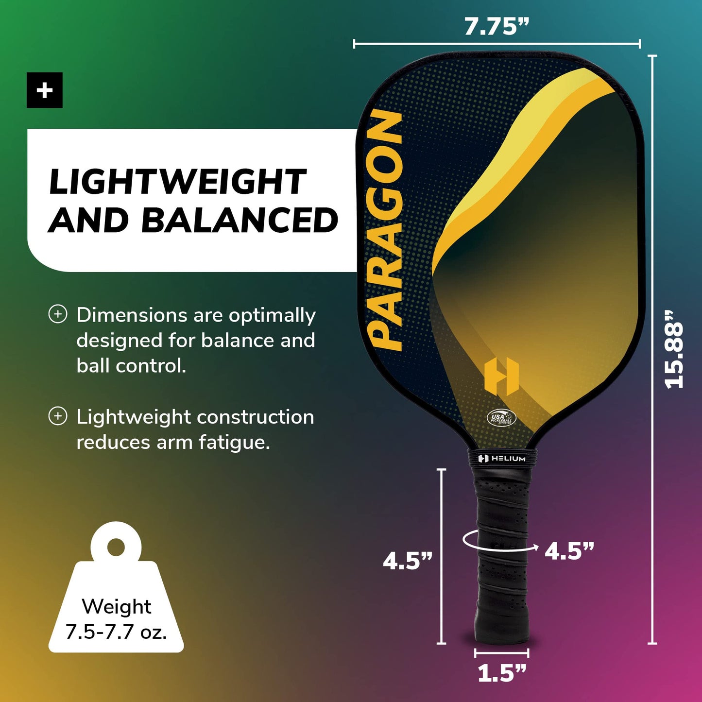 Helium Pickleball Paddle Set of 2 - USAPA Certified - Graphite Fiberglass Surface, Lightweight Honeycomb Core (Paragon (Blue Yellow))