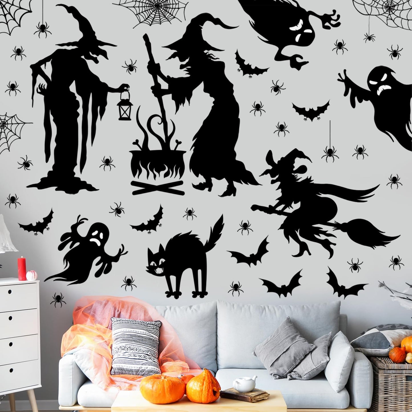 Cholemy Halloween Wall Decals - 4 Sheets, 35.4 x 11.8 Inch Large Witch Spider Bat Pumpkin Stickers, Removable Clings for Home Party Decor Supplies