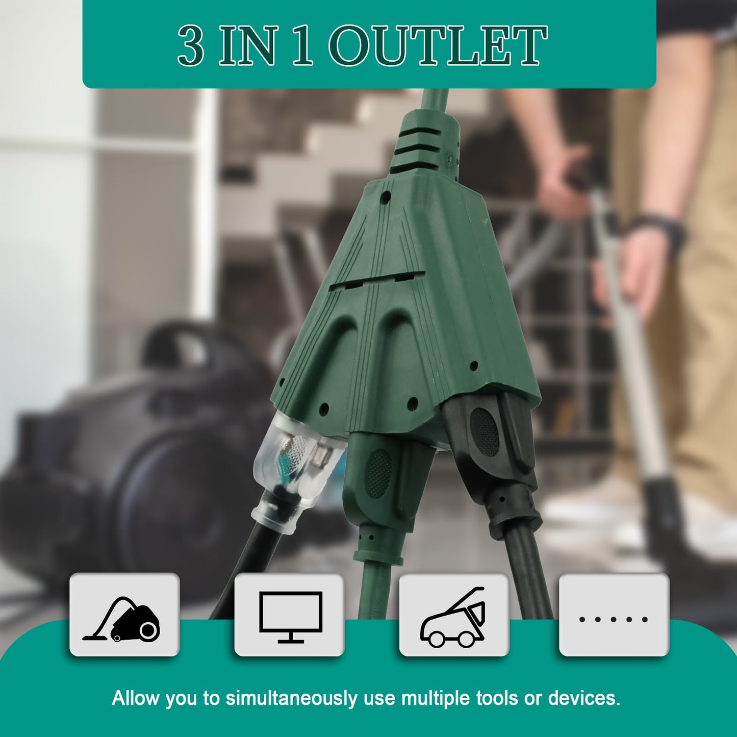 Ultra Explorer 6 Ft Outdoor Extension Cord with 3 Electrical Power Outlets - 16/3 SJTW Long-Lasting Green Cable with 3 Prong Grounded Plug