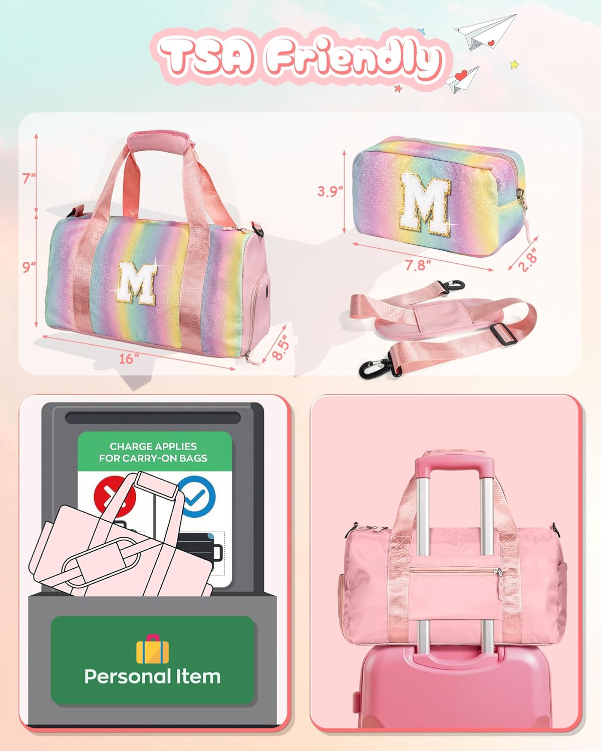 Skiennix Girl Gym Bag - Personalized Weekender Tote with Shoe Compartment & Makeup Pouch | Ideal Birthday Gift for Granddaughter (Letter I)