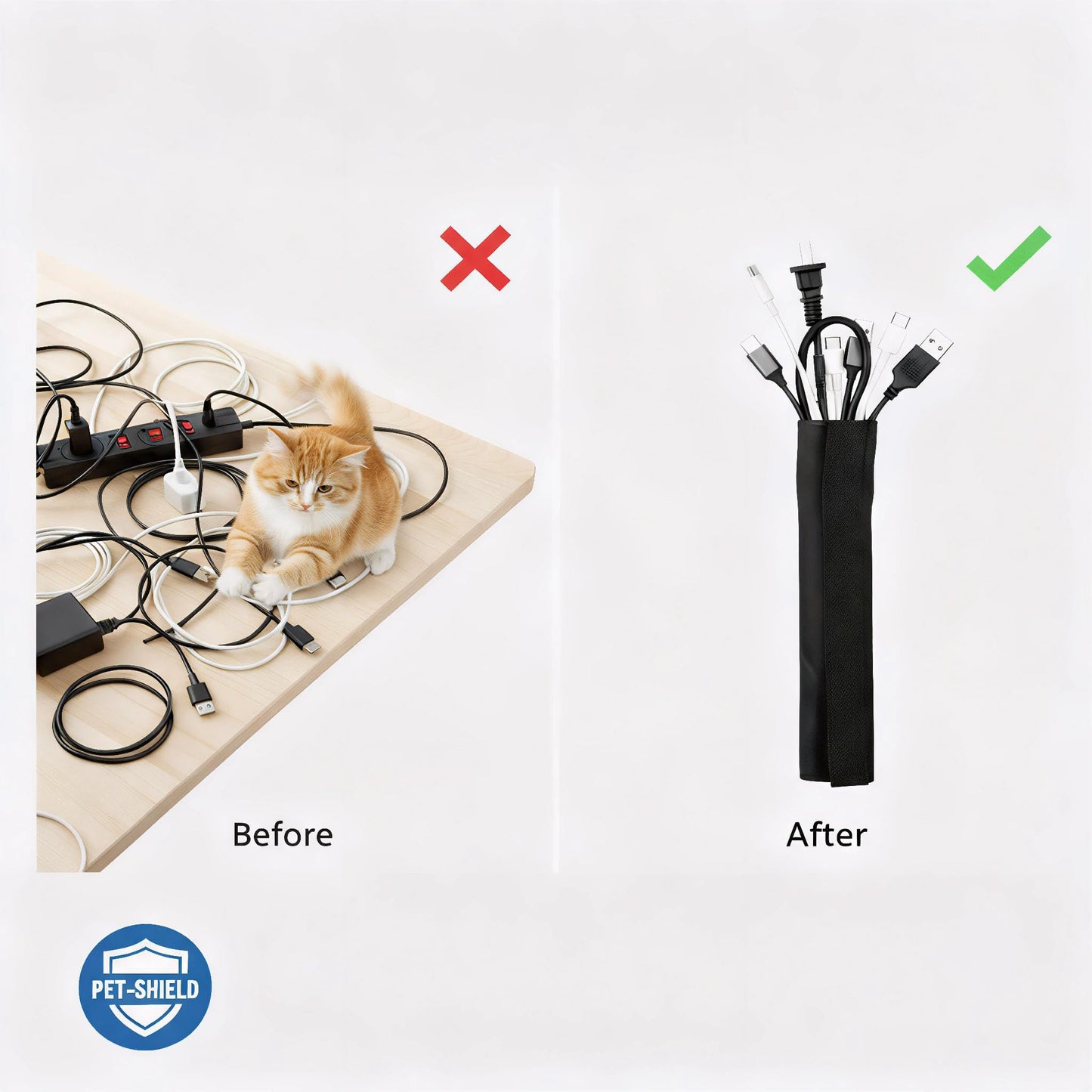 Flauzmann 1/2" - 6.6FT Chew Proof Cat Cord Protector（Hook & Loop Split Sleeve for Pets - Cat/Dog Proof Cable Management Sleeve for Office USB Computer Audio Cables, Flexible Wire Cover - Black