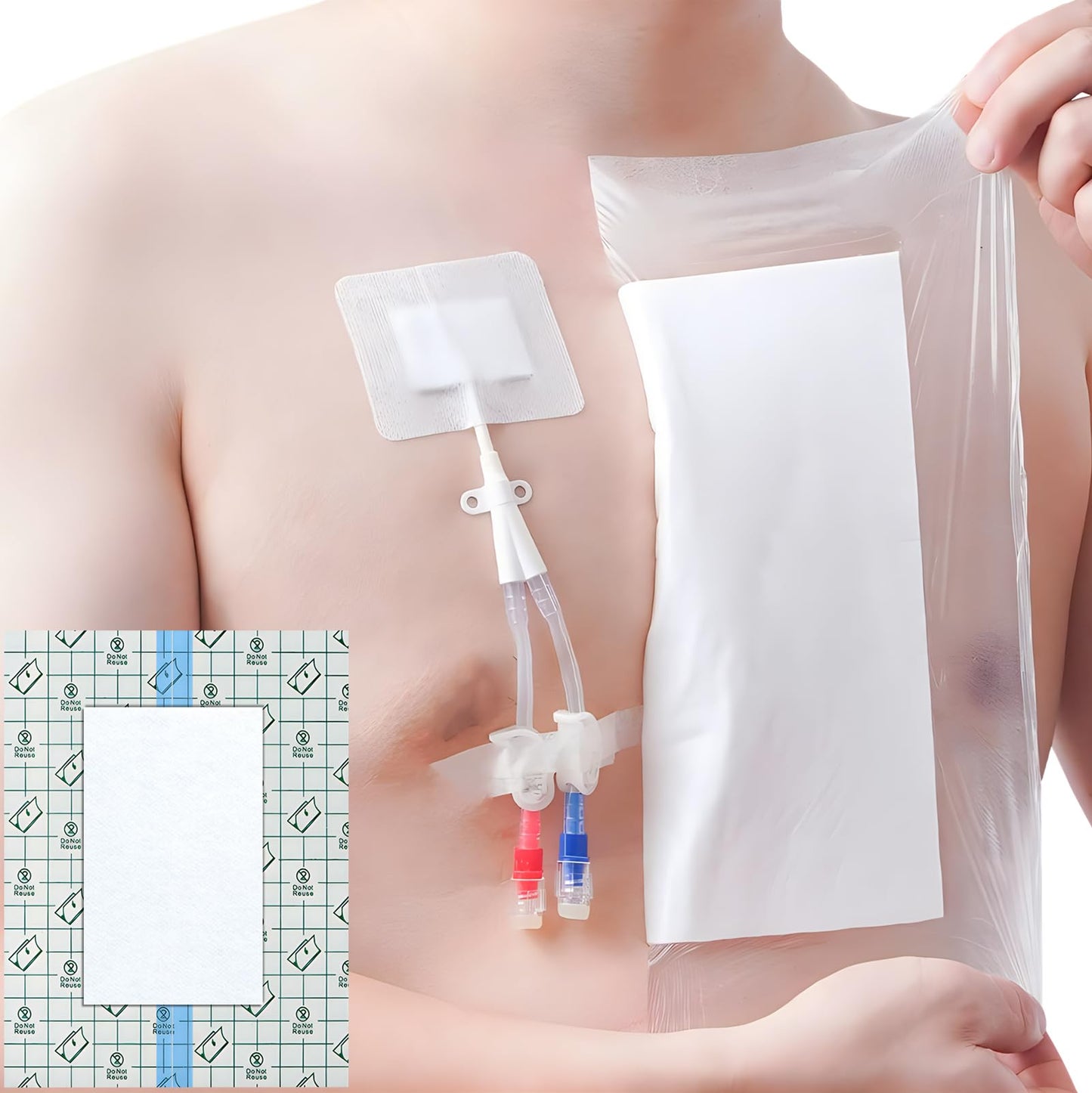 12"x15.7" Waterproof Dialysis Port Shower Covers Protector for Chest with No Glue On The Center, PICC Line Chest Port Shield Island Bandage Dressing Accessories, Pack of 7