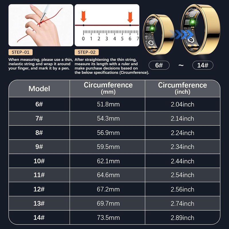 Ring Health Tracker for Women Men, Fit Ring with Heart Rate, Blood Oxygen, Sleep Monitor, Calories, Step Counter, IP68 Waterproof Smart Ring for iPhone & Android, No Subscription Fee (Gold, 10#)