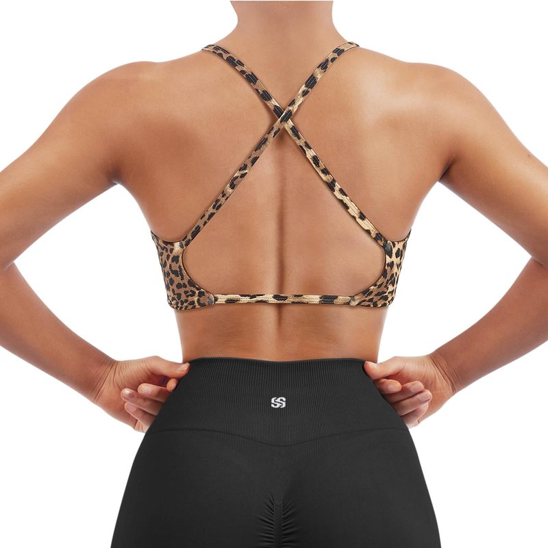 SUUKSESS Women 2 Piece Open Back Strappy Sports Bra Pack Twist Front V Neck Padded Workout Crops (#2 Cheetah & Black, M)