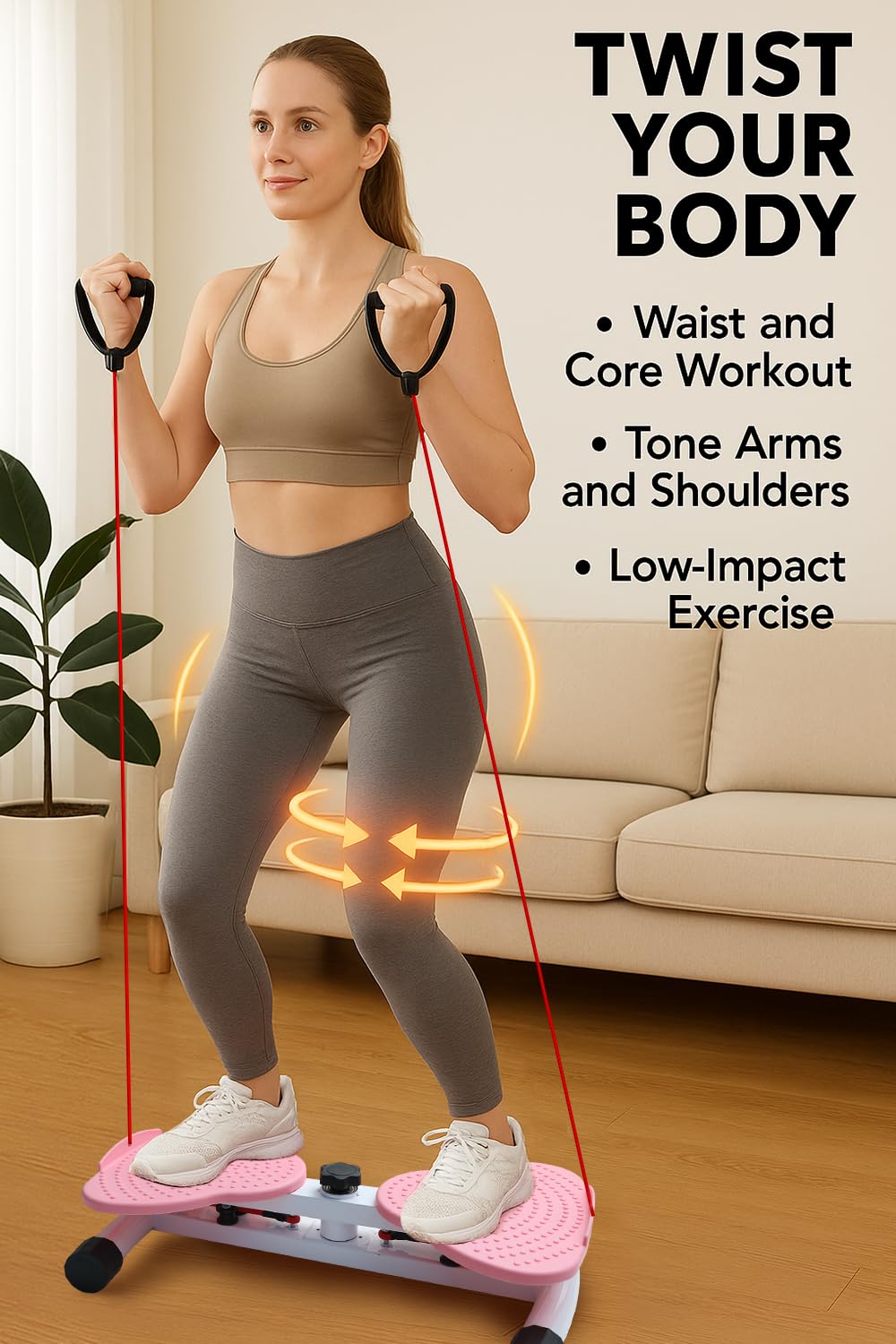 Waist Twister Machine Exercise, Adjustable Waist Twistting Fitness Tool with 300 lbs Weight Capacity, Abs Workout Equipment for Slim Waist and Core Ab Exercise, Noiseless Home Ab Twister Board for Women & Men, Pink