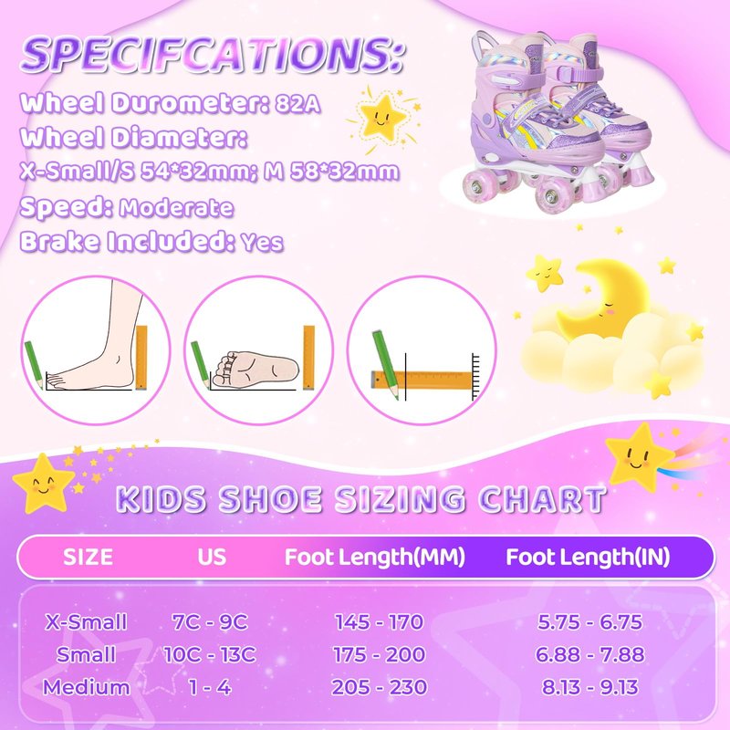 Nattork Kids Roller Skates for Girls, 4 Size Adjustable Rainbow Quad Skates with All Light Up Wheels - Best Birthday Gift for Outdoor Sports
