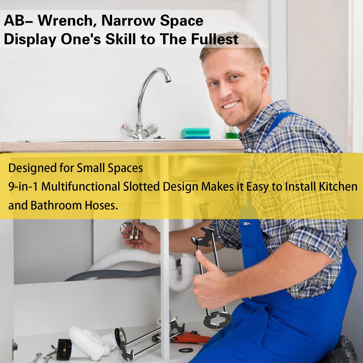 Basin Wrench, 9 in 1 Multifunctional Sink Bathroom Wrench, Standard Household Water Pipe Faucet Washing Basin Corner Valve Sink Repair Removal Tool for Kitchen & Bathroom Tight Spaces (2-Piece)