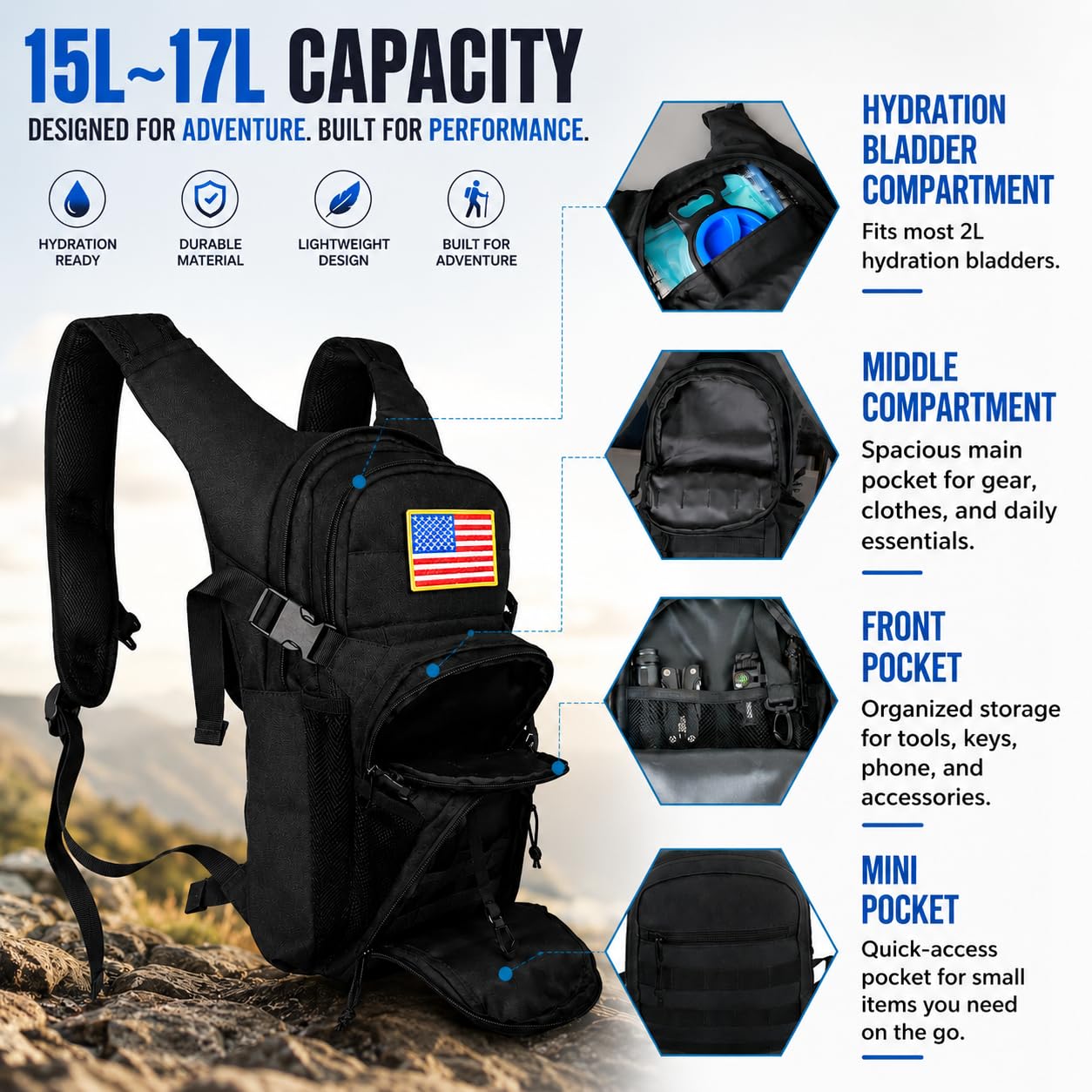 Hydration Backpack with 2L Water Bladder Tactical Molle Water Backpack for Men Women Hydration Pack for Hiking, Biking, Running and Climbing