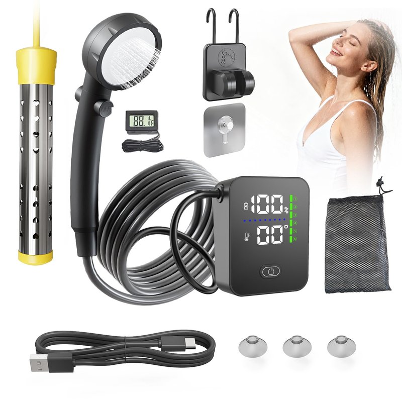 Portable Shower with Heater,1500W Auto-Off Heater,6 Water Pressure Levels & 3 Spray Modes for Battery Camping Shower Pump,8000mAh Rechargeable Battery,LED Display for Travel,Car and Pets Washing