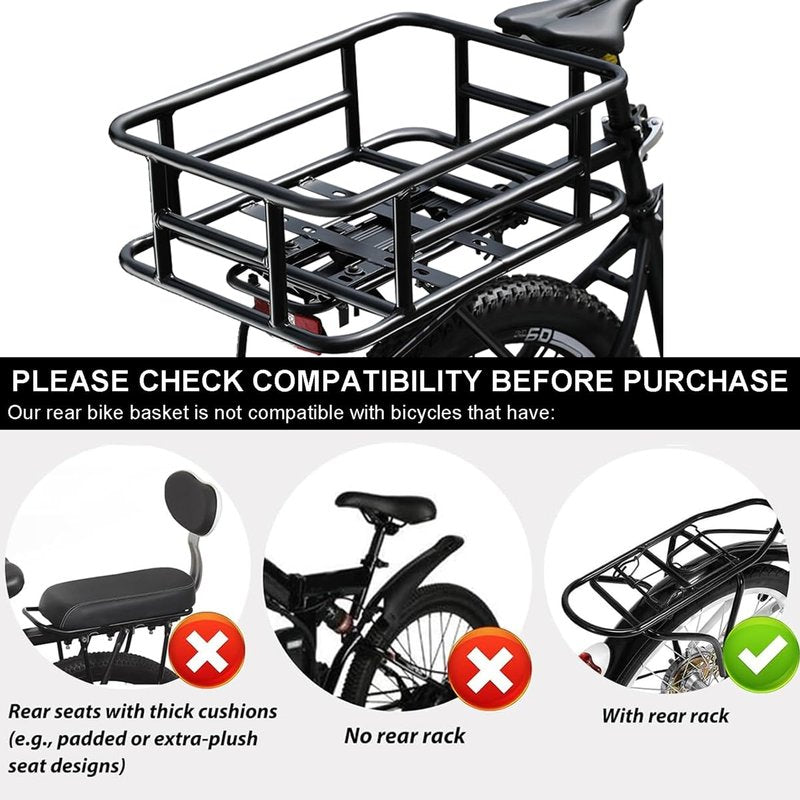 Heavy-Duty Rear Cargo Basket for Bikes & E-Bikes - Includes Waterproof Liner & Adjustable Cargo Net - Universal Fit for Most Bicycles - Perfect for Groceries, Picnic Supplies, and Pet Transport