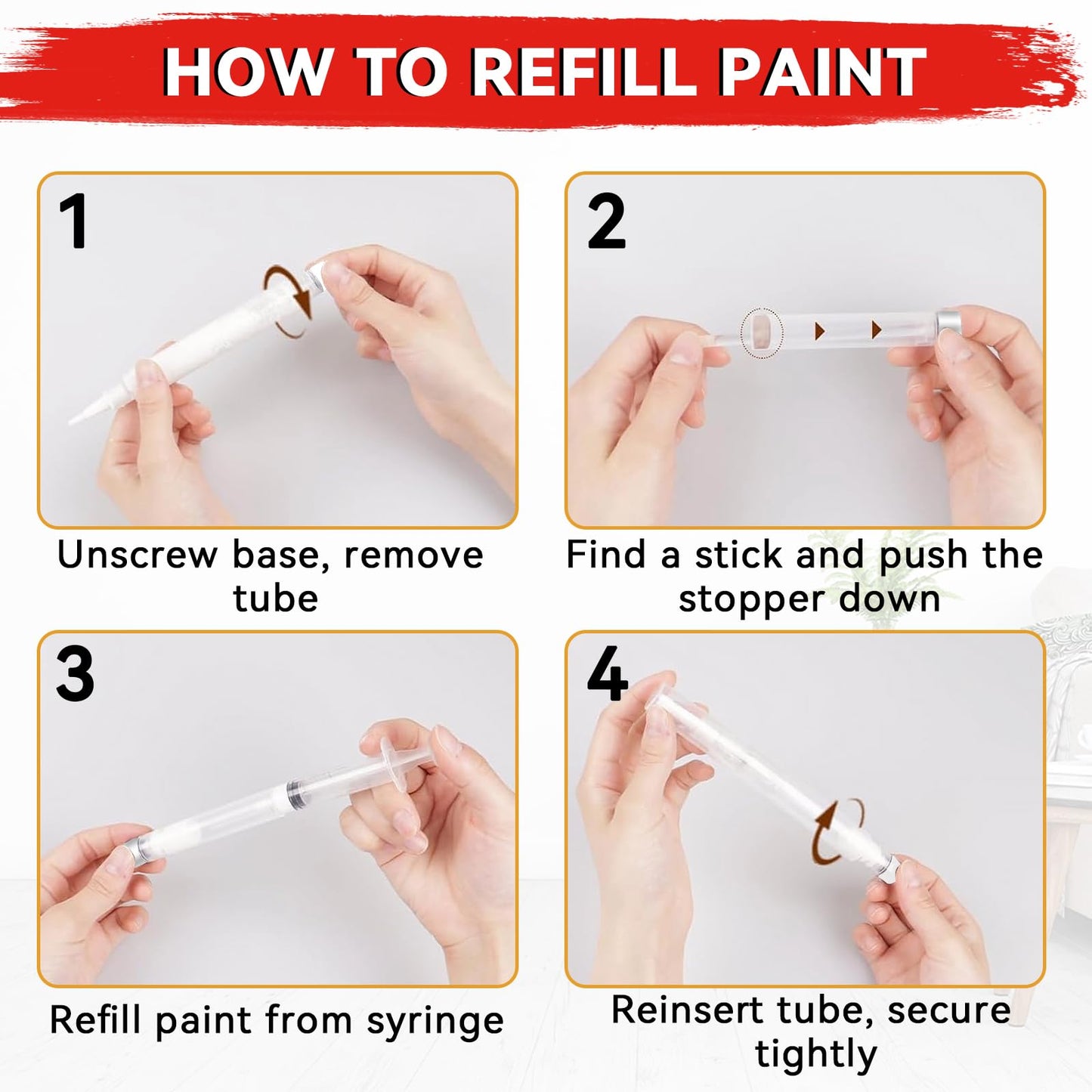 Fillable Touch Up Paint Pen Brush, 4 Pack User-Friendly Refillable Paint Pens, Multiple Applications Touch-Up Paint Brushes for Walls, Wood, Floor, Cabinets, Doors and Windows(8 Pcs Kit) (4 Pack)