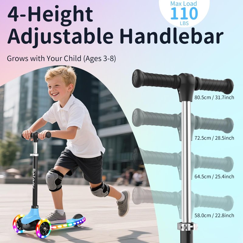 BELEEV A6 Kids Scooter with LED Light-Up Wheels & Deck, 3 Wheel Kick Scooter for Toddlers Girls Boys Ages 3-8, 4 Adjustable Handlebar, Lean to Steer, Non-Slip Deck, Lightweigh Scooter for Kids (Blue)
