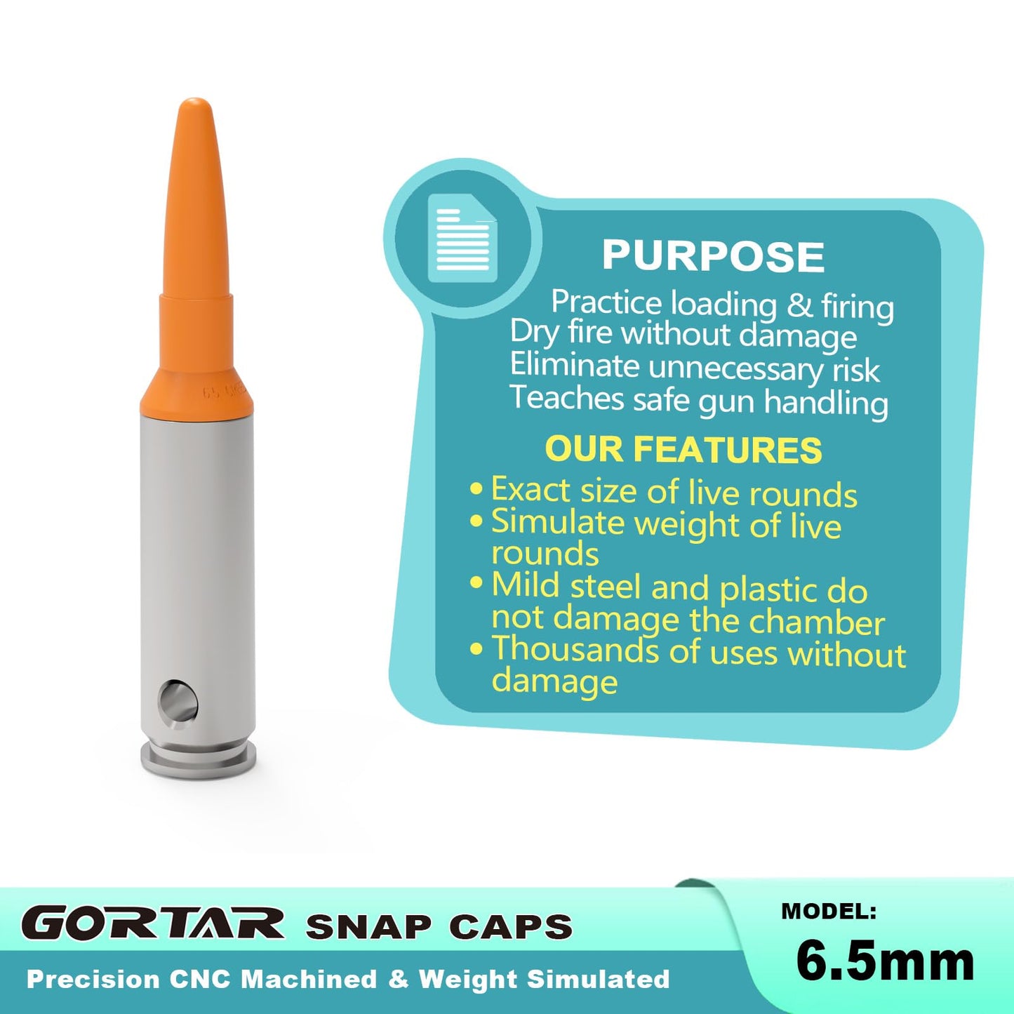 GORTAR 6.5 mm Creedmoor Snap Caps Training Dummy Rounds Practice Safe Loading Firing Close to Real Weight -6 Pcs