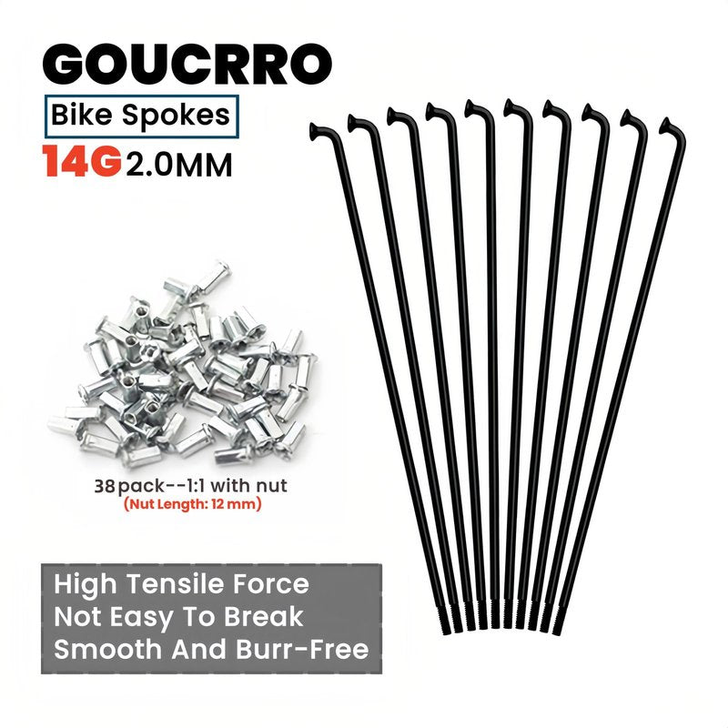 Goucrro 14G Bike Spokes 2mm Bicycle Spokes MTB Road Bike Wheels Black Spokes Steel 76mm-305mm with Nipples 38pcs(Black,14G-276mm)