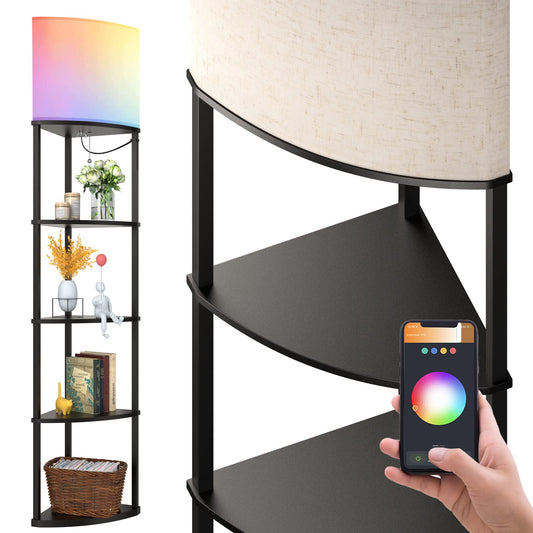 addlon 5-Tier Corner Shelf Floor Lamp with Type C, USB Port & 1 Power Outlet and 3CCT LED Bulb, Modern Display Lamp for Narrow Corner Bookshelf lamp for Living Room, Bedroom, Office - Black