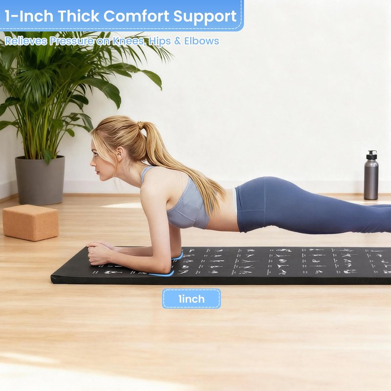 MABOZOO 1 Inch Instructional Yoga Mat with Poses, PU Leather Exercise Mat with 60 Illustrated Yoga Poses, Workout Cushion with Carrying Handles for Pilates, Stretching(68 * 24 Inch, Black)