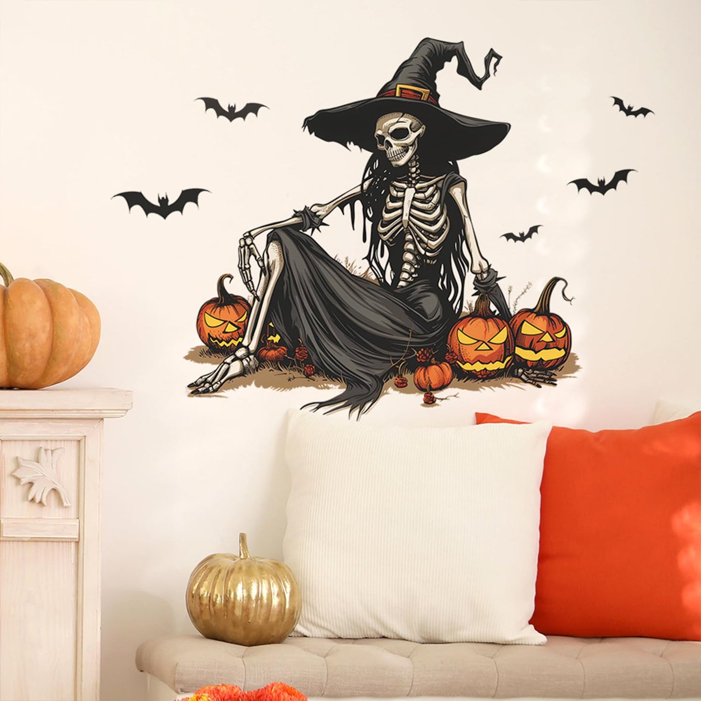 Horror Halloween Witch Skeleton Wall Stickers Decals Evil Bat Pumpkin Wall Clings Decoration for Halloween Party Home Office Classroom Wall DIY Wall Art Stickers Supplies