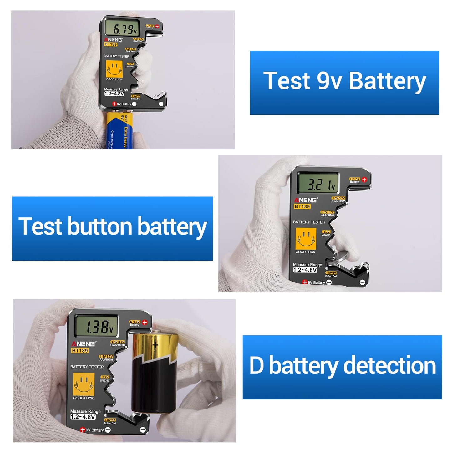 ANENG BT189 Battery Tester for AAA,AA,C,D,9V,F,6F22,1.5V/3V Button Batteries,LCD Display Household Battery Detector,Detects Battery Power by Voltage,Universal Battery Checker