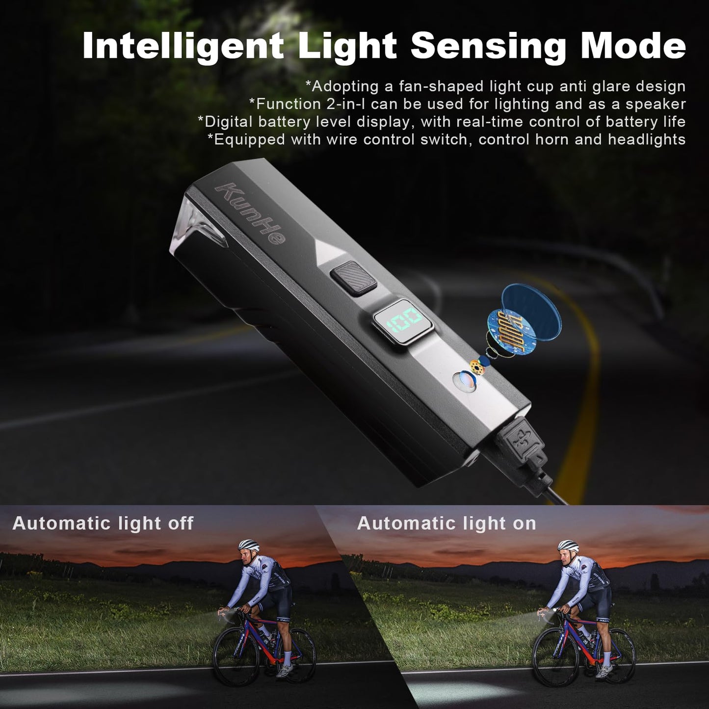 KunHe 2 Pack 300 Lumens 1600 Amh Bike Light Set Rechargeable Front & Rear Bicycle Lights with Auto Dimming IPX4 Waterproof 5 Modes for Cycling