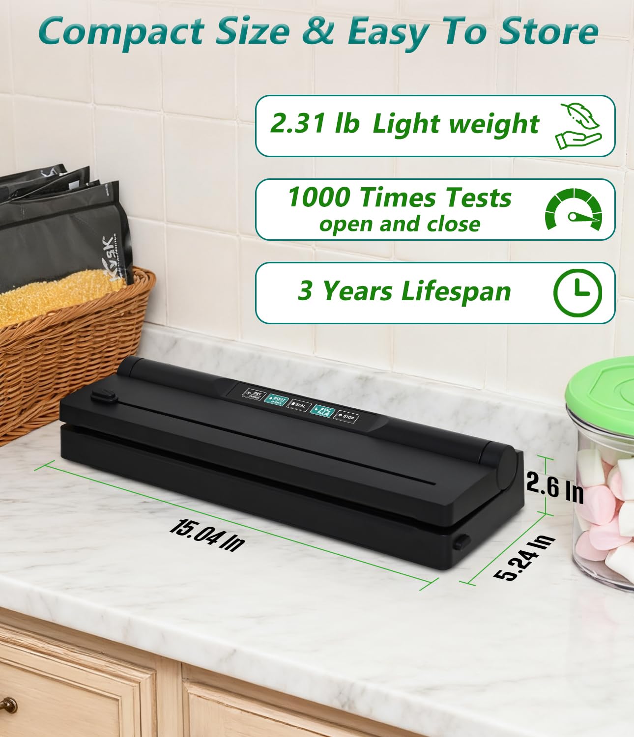 KVSK Vacuum Sealer Machine Automatic Black 6615H Food Preservation Storage, One-Click Dry&Moist Vac Seal Mode, 60kPa Suction, 11"x9.8' Black Sealer Roll, Liquid Block Cotton Pads, Removable Drip Tray