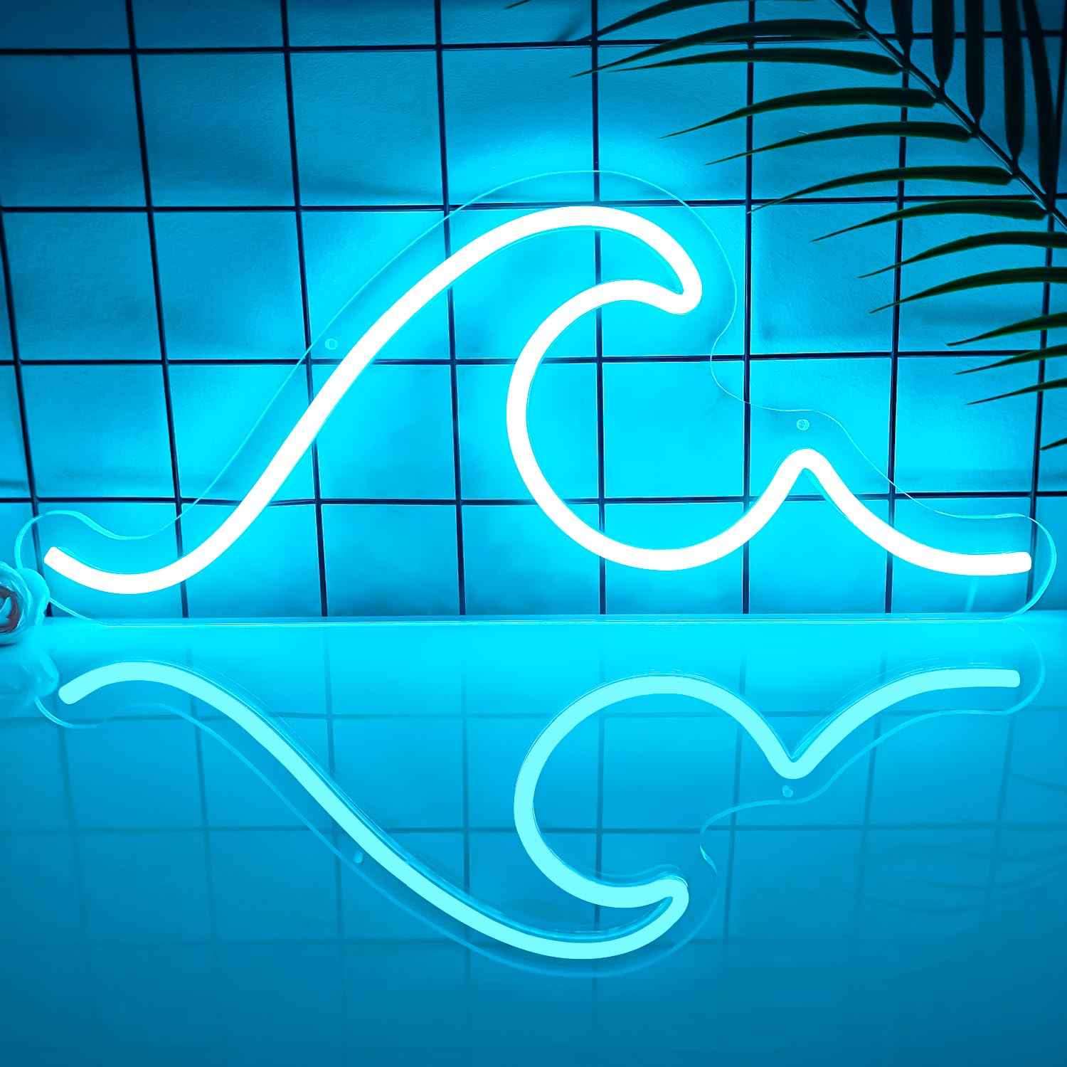 Ajoyferris Wave Neon Sign For Wall Decor Dimmable Led Neon Wave Sign Night Lights Led Wave Sign Ocean Neon Sign for Living Room Bedroom Office Bar Party Christmas Gift(16.5x7inch, Ice Blue)