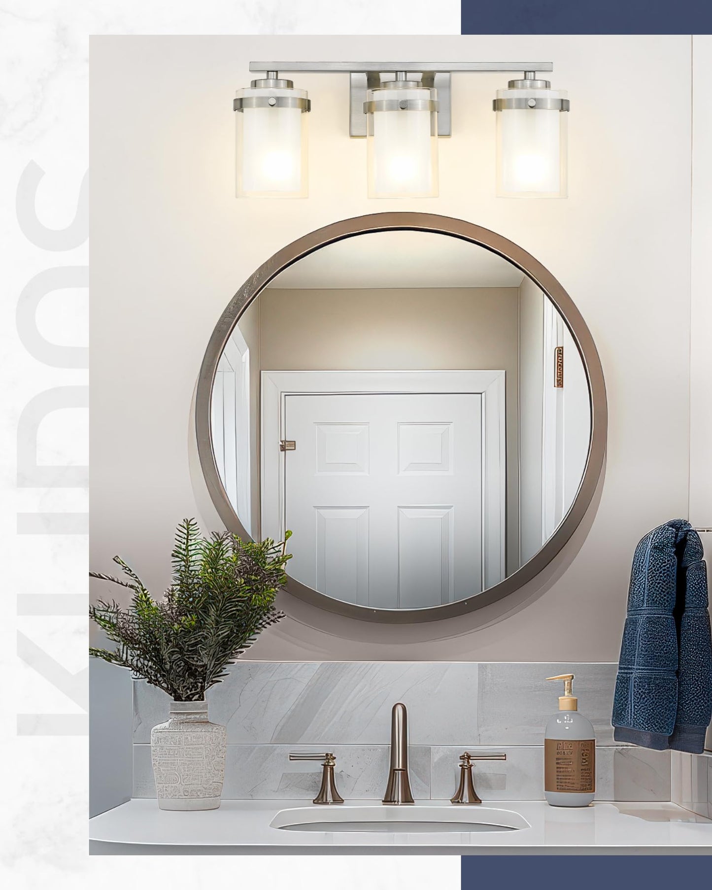 kudos 3-Light 18-inch Bathroom Light Fixtures Over Mirror, Brushed Nickel Vanity Lights with Dual Glass Shade, Wall Sconce, Modern Vanity Lights for Bathroom, Hallway, KDVL15-BN-3