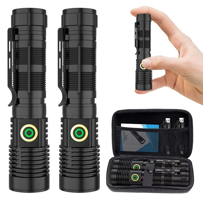 Rechargeable Flashlight High Lumens 2 Packs, High Lumens Super Bright Flash Light, Long-Range Zoomable LED Flashlights for Emergency, EDC, Searching, Waterproof Flashlight Dimmable