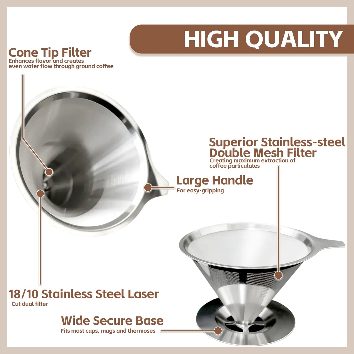 Pour Over Coffee Dripper Stainless Steel Coffee Filter Metal Cone Filter Extra Fine Wire Mesh Reusable Coffee Filter Coffee Maker (Silver, 1-2 Cups)