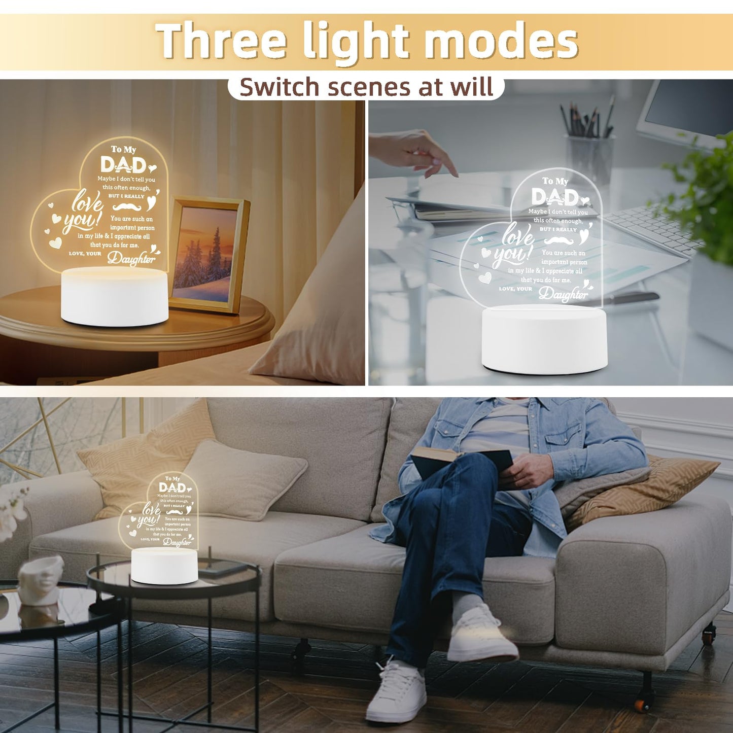 Gifts for Dad- Delicate Dad Birthday Gifts from Daughter Son - Acrylic Night Light LED Bedside Lamp - Ideal Thanksgiving Fathers Day Birthday