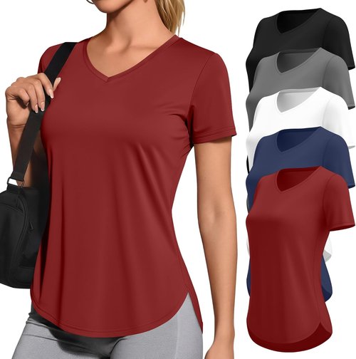 Locoowai Women's Workout Shirts - V Neck Quick Dry UV Protection Tee | 5 Pack, Short Sleeve, Curved Hem
