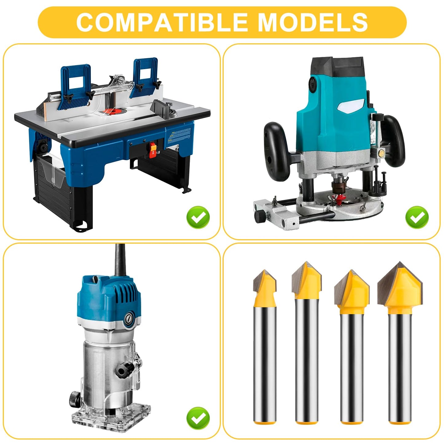 UTRUSTTO 90 Degree V Groove Router Bit Set 1/4 Inch Shank, CNC Engraving V Grooving Bit Cutter for Woodworking Carving, Cutting Diameter: 1/4", 5/16", 3/8", 1/2"