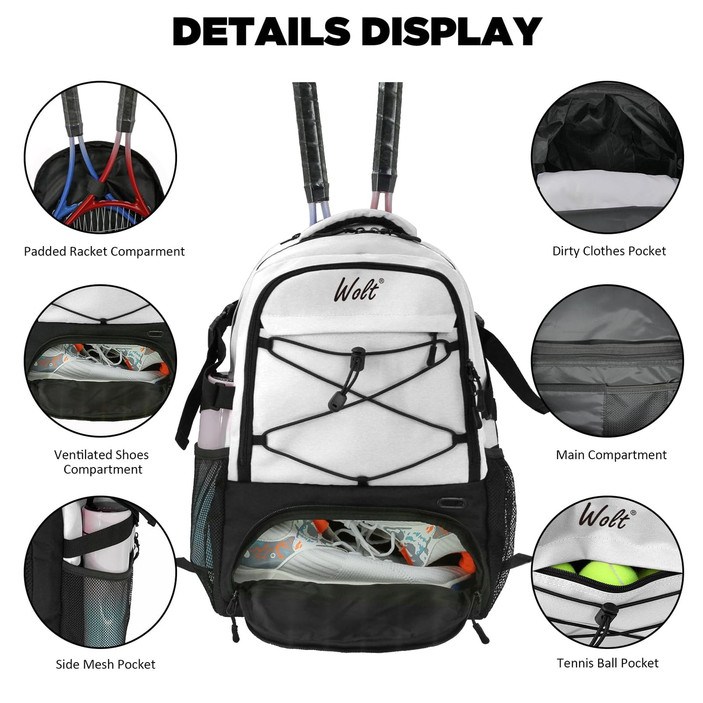 WOLT Tennis Bag - Large Tennis Racket Backpack for Men & Women - Ventilated Shoe Compartment - Holds 2 Rackets