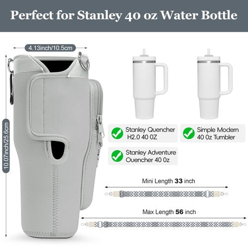 LOKASS Initial Water Bottle Holder with Strap for Stanley Cup 40oz Tumbler with Handle,Insulated Water Bottle Carrier Bag with Phone Pocket, Floral & Carabiner for Stanley Cup Accessories (Grey M)